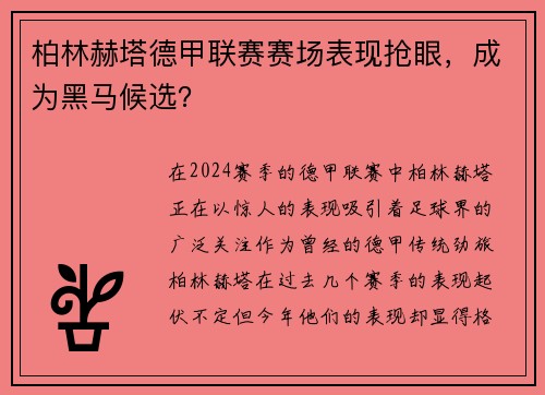 柏林赫塔德甲联赛赛场表现抢眼，成为黑马候选？
